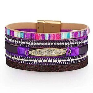 Boho Chic Multi-Layer Purple Bracelet Crystal Rhinestone Magnetic Clasp Wrap
